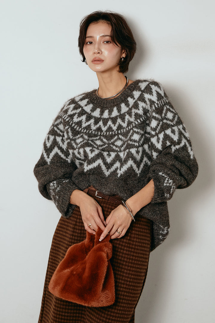 [SET]ノルディック柄Uネックプルオーバー+スエード調ベルト付きチェックナロースカート(2set)