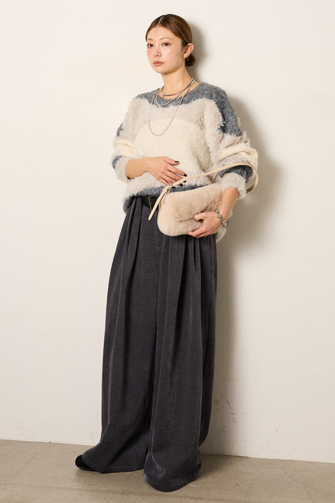 [SET]シャギーウェーブ柄クルーネックニットトップス+ベルトループコーデュロイワイドパンツ(2set)