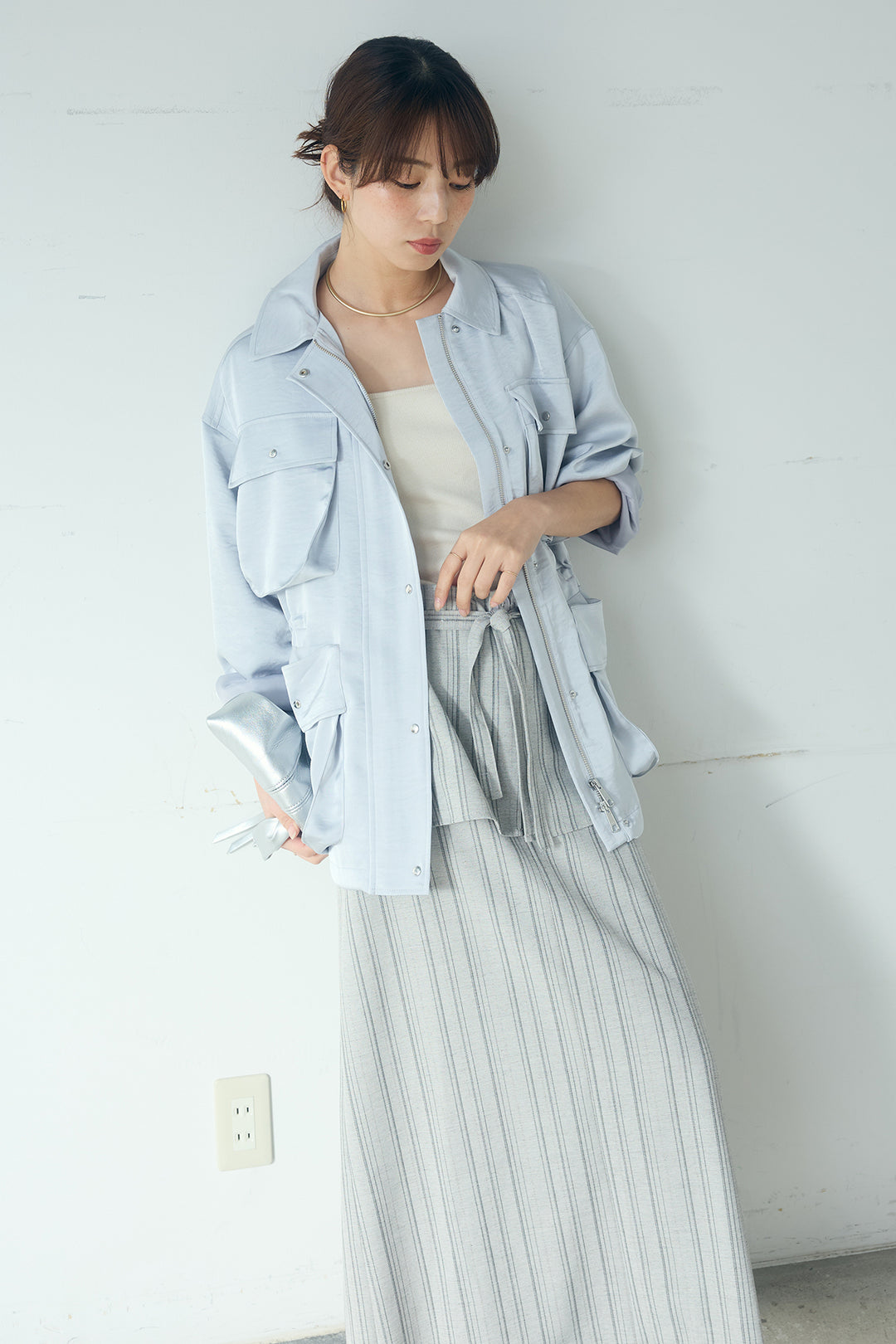 [SET]サテンライトブルゾン+ラップ巻きピンストライプワイドスカート(2set)