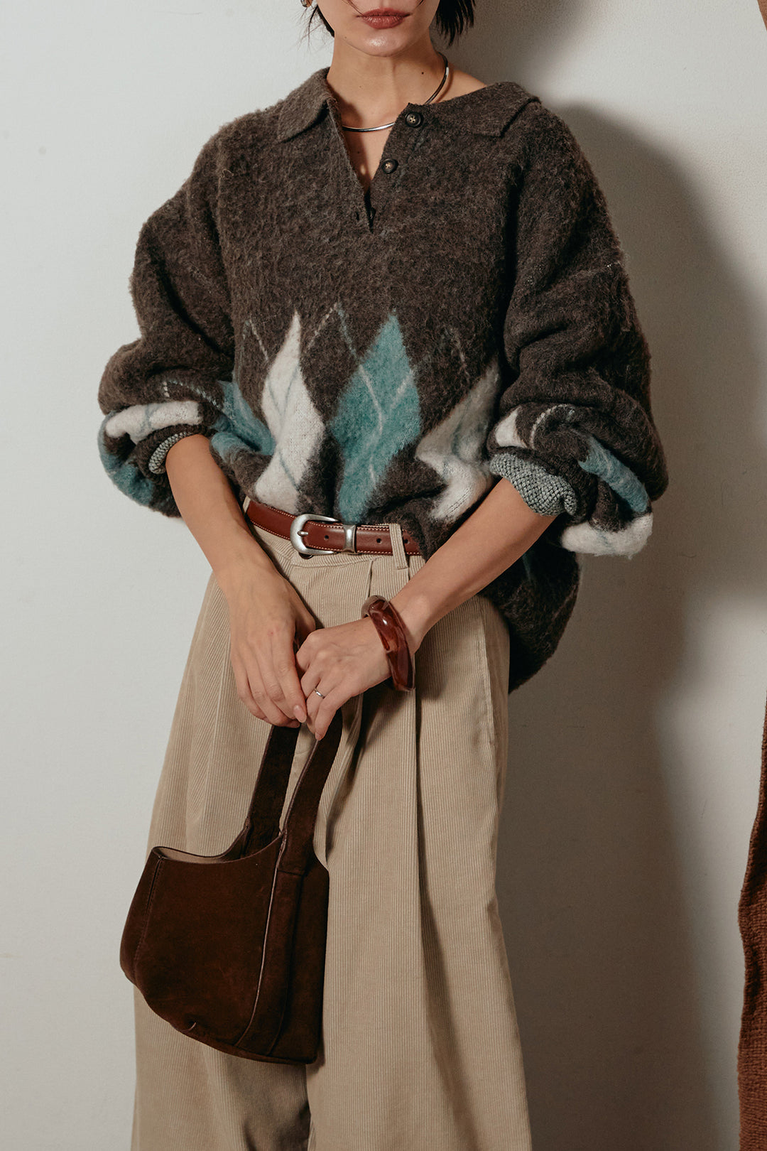 [SET]アーガイル柄ポロニットトップス+フロントタック入りコーデュロイパンツ(2set)