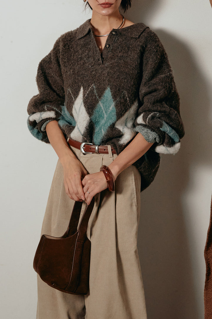 [SET]アーガイル柄ポロニットトップス+フロントタック入りコーデュロイパンツ(2set)