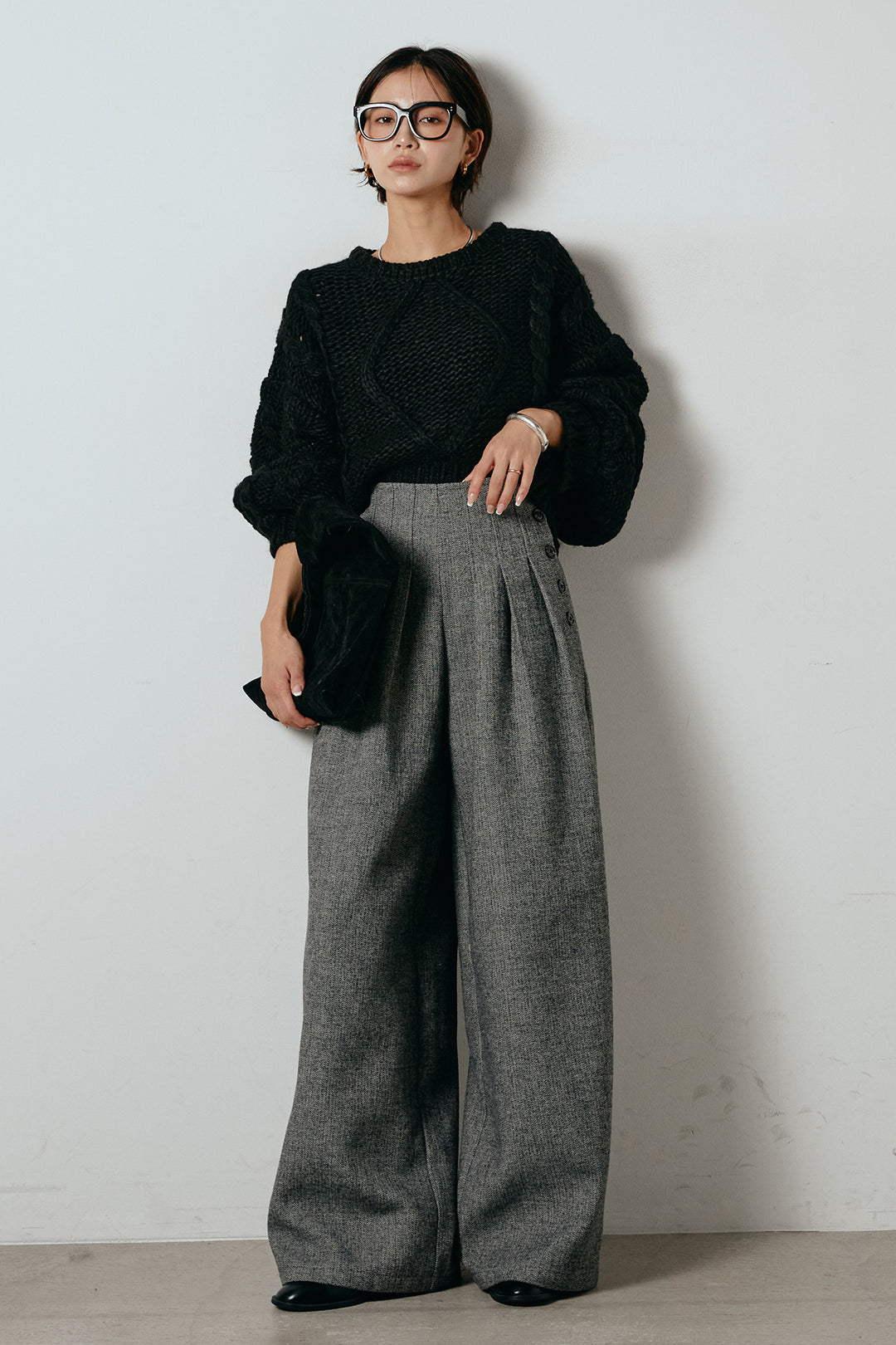 [SET]ロービングケーブルショート丈プルオーバー+サイドボタンツイードタックパンツ(2set)