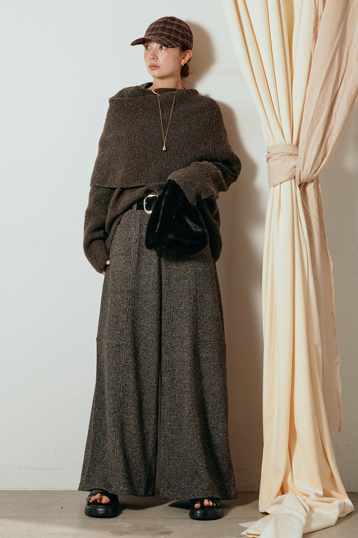 [SET]ケープデザインリブニットトップス+太ベルト付きツイードワイドパンツ(2set)