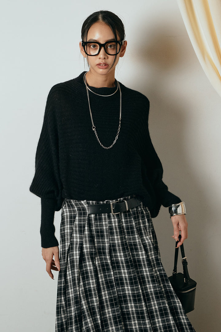 [SET]ポンチョシルエット透かしニットトップス+ベルト付きタータンチェックプリーツスカート(2set)