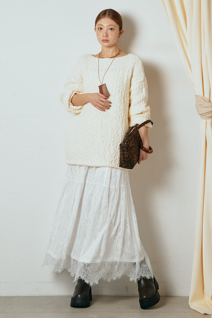 [SET]ボリューム編みニットプルオーバー+ひげレース切替ロング丈スカート(2set)