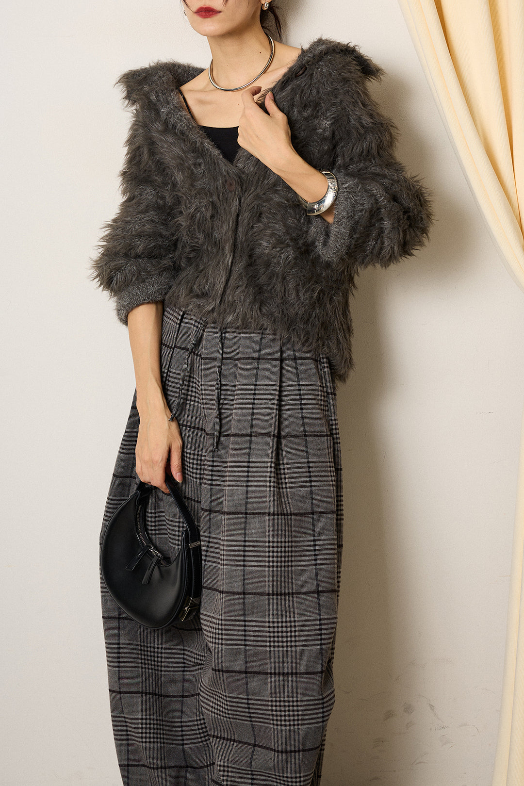 [SET]襟付きシャギーニットカーディガン+グレンチェックルーズタックパンツ(2set)