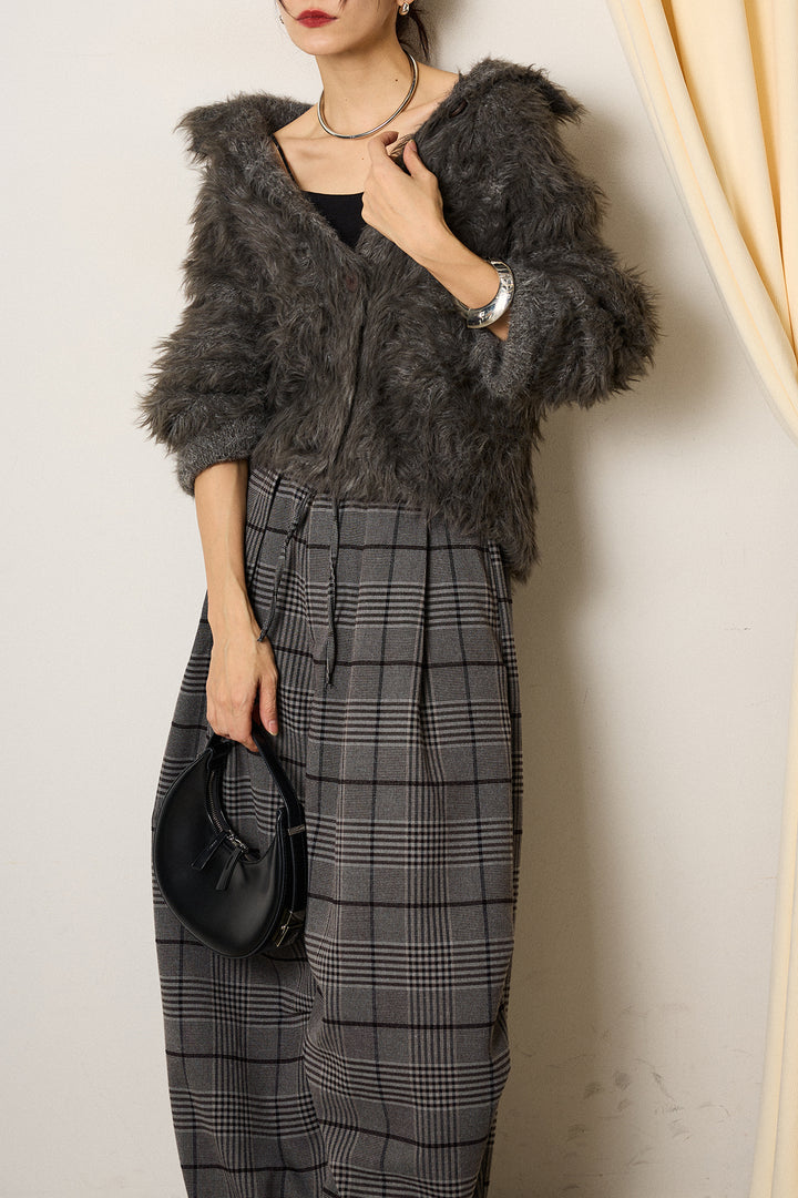 [SET]襟付きシャギーニットカーディガン+グレンチェックルーズタックパンツ(2set)