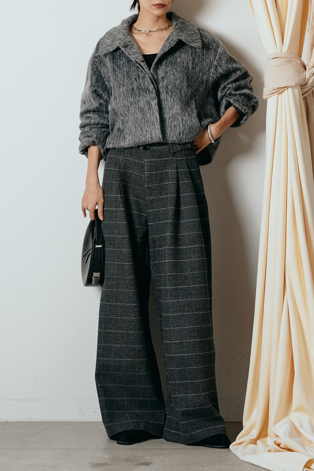 [SET]シャギーショートジャケット+スクエアチェック柄ワイドパンツ(2set)