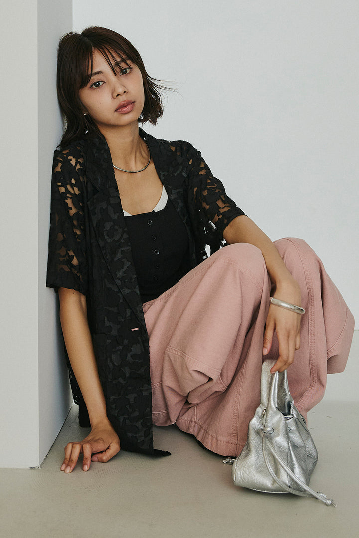 [SET]シアージャガードハーフスリーブテーラードジャケット+サイドベルトカーブワイドパンツ(2set)