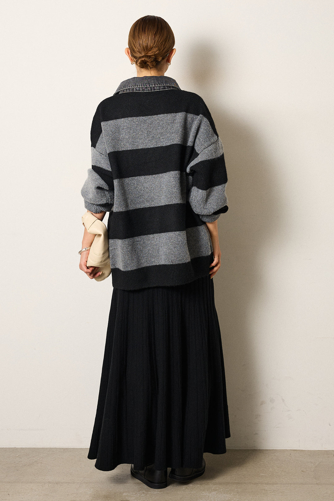 [SET]デニムカラーボーダールーズニット+編み地切り替えフレアニットスカート(2set)