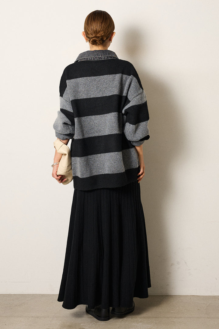 [SET]デニムカラーボーダールーズニット+編み地切り替えフレアニットスカート(2set)