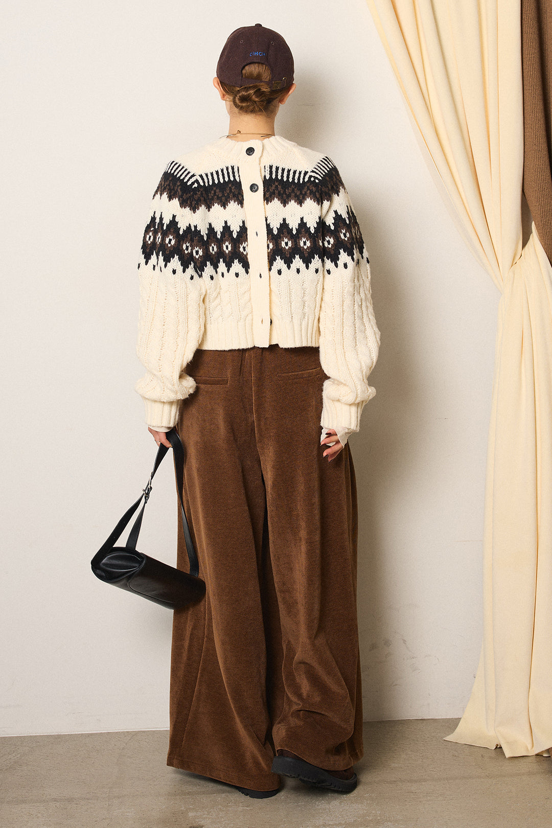 [SET]2WAY求心柄ジャガードショートカーディガン+ベルトループコーデュロイワイドパンツ(2set)