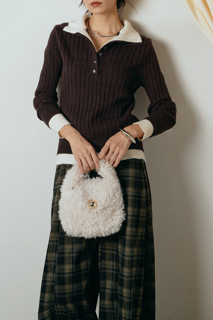 [SET]レイヤード風リブニットトップス+ベルト付きタータンチェックカーブワイドパンツ(2set)