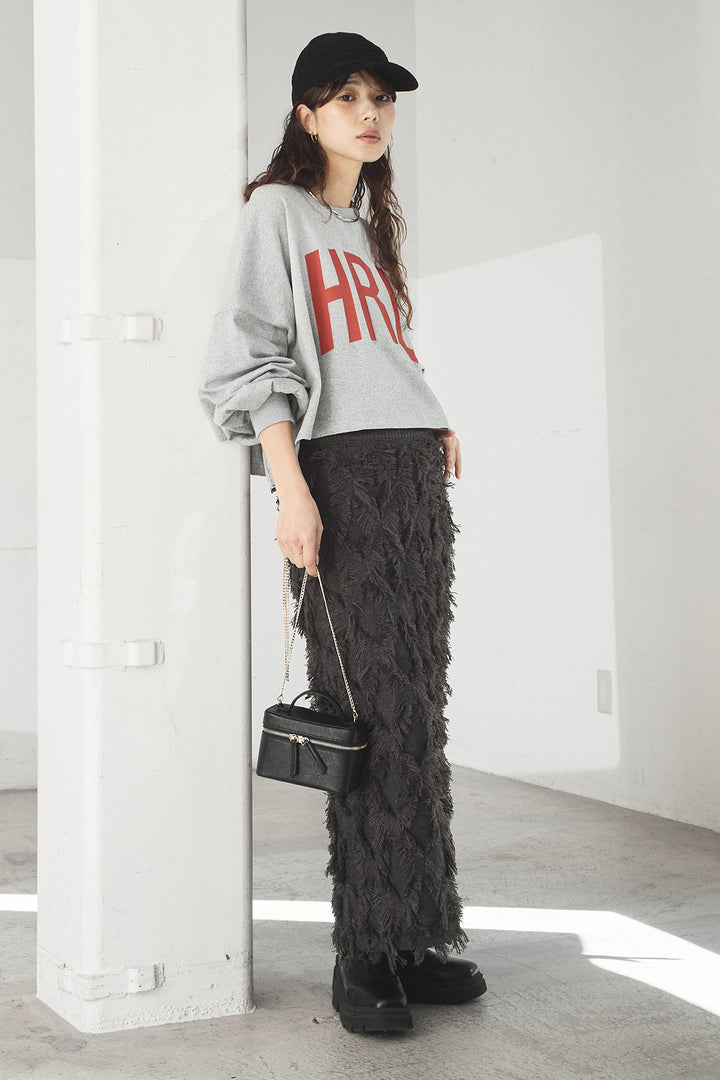 [SET]ビッグロゴHRU袖ボリュームトップス+カットフリンジニットタイトスカート(2set)