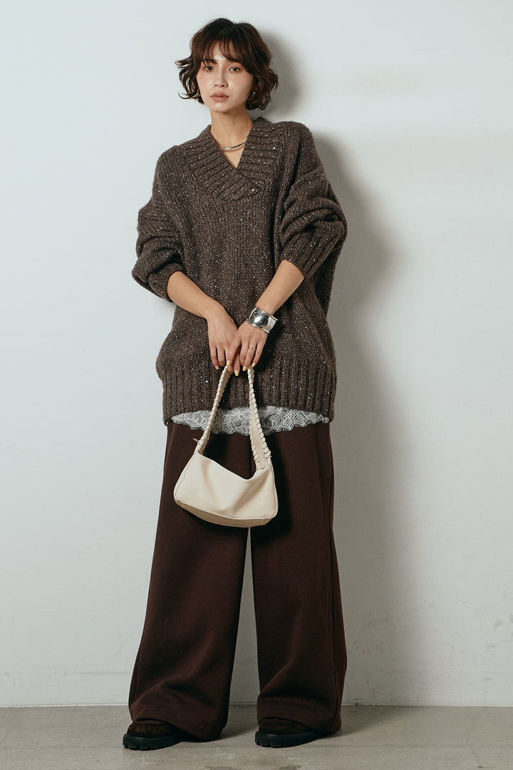 [SET]Vネックラメニットトップス+レース切り替えキャミソール(2set)