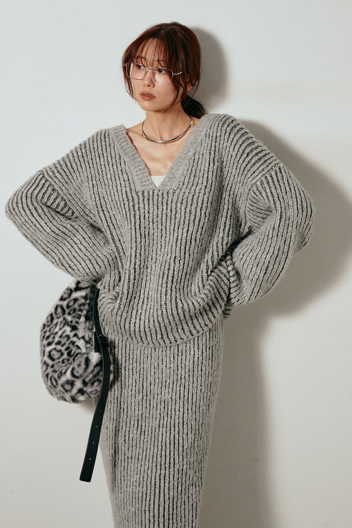 [SET]アルパカタッチ深Vニットトップス+アルパカタッチニットタイトスカート(2set)