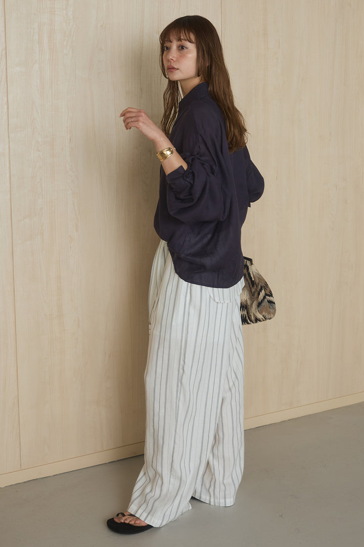 [SET]襟付きボタンブラウス+ウエスト巻きピンストライプパンツ(2set)