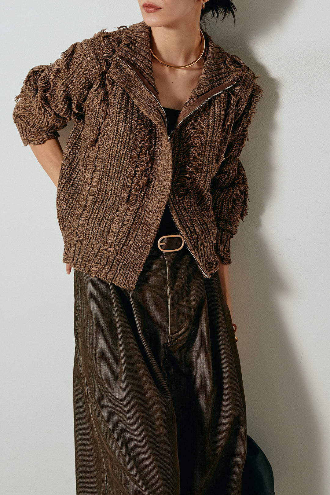 [SET]ハイネックフリンジジップニットトップス+フロントタック入りコーデュロイパンツ(2set)