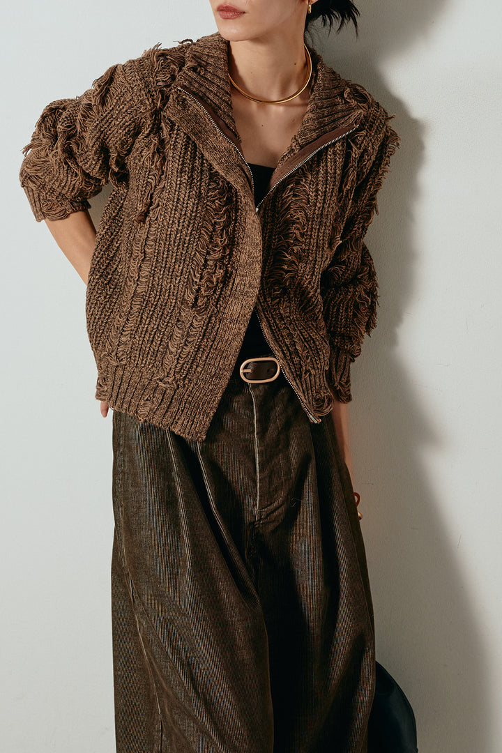 [SET]ハイネックフリンジジップニットトップス+フロントタック入りコーデュロイパンツ(2set)