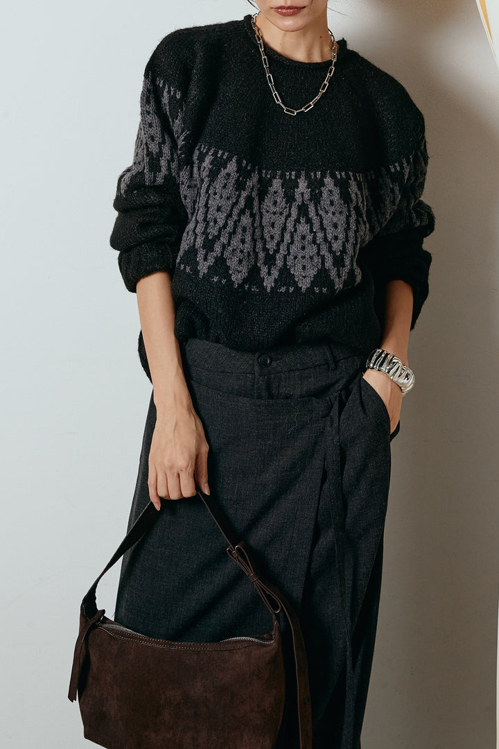 [SET]モノトーン柄ニットトップス+ラップ巻きワイドスラックス(2set)