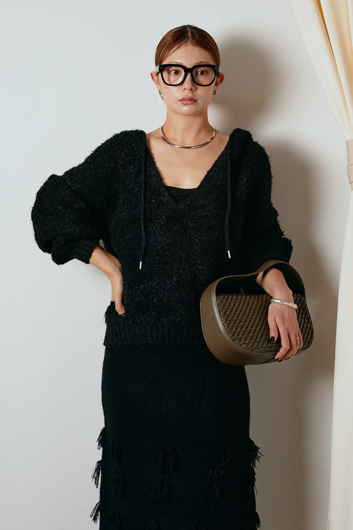 [SET]ブークレキーネックプルオーバー+ポイントフリンジニットナロースカート(2set)