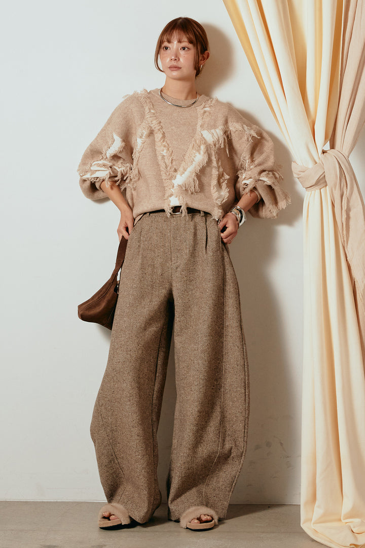 [SET]シャギージャガードニットトップス+ベルト付きネップツイードカーブパンツ(2set)