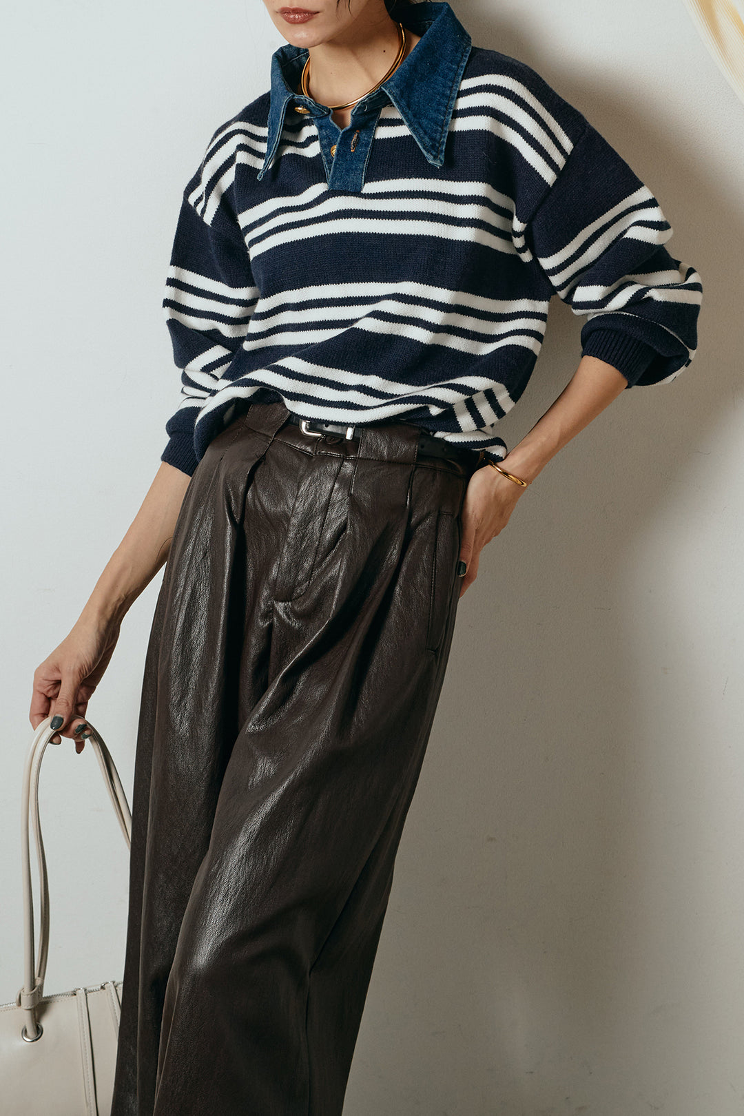 [SET]デニムレイヤード風ランダムボーダーニットプルオーバー+ベルト付きレザーライクタックパンツ(2set)