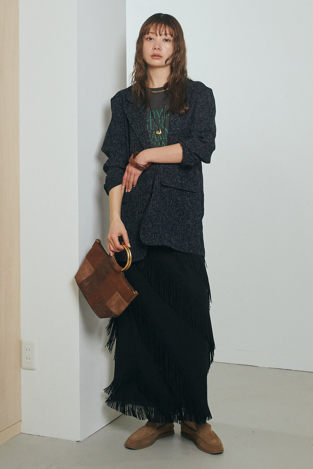[SET]ミックスツイードベルト付きジャケット+斜めフリンジデザインスカート(2set)