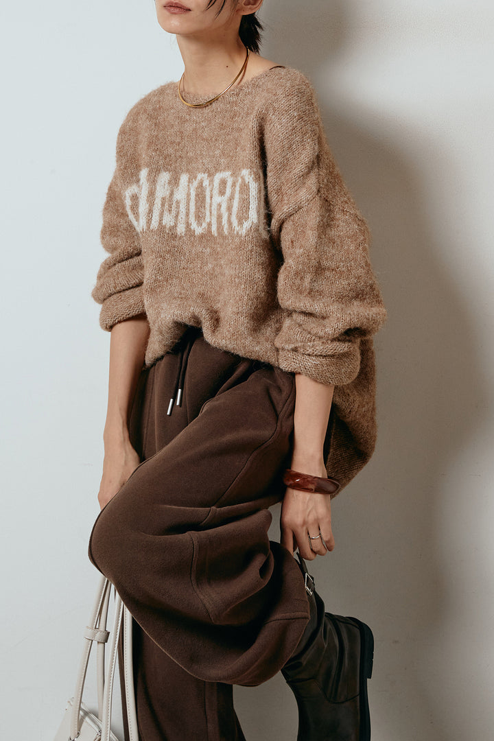 [SET]フロントロゴデザインニットトップス+スウェットワイドカーブパンツ(2set)