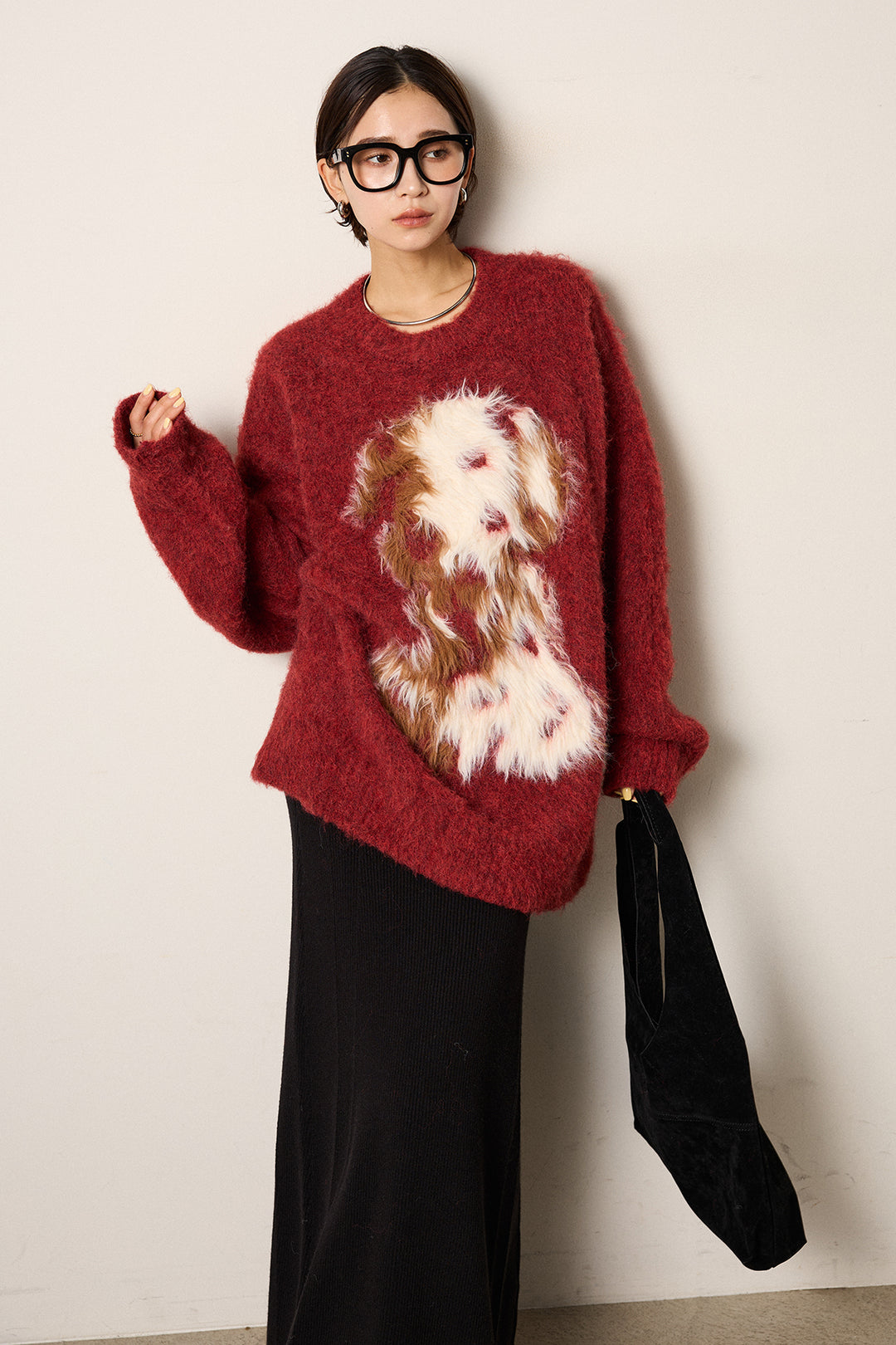 [SET]シャギーニュアンスアニマルニット+リブナローニットスカート(2set)