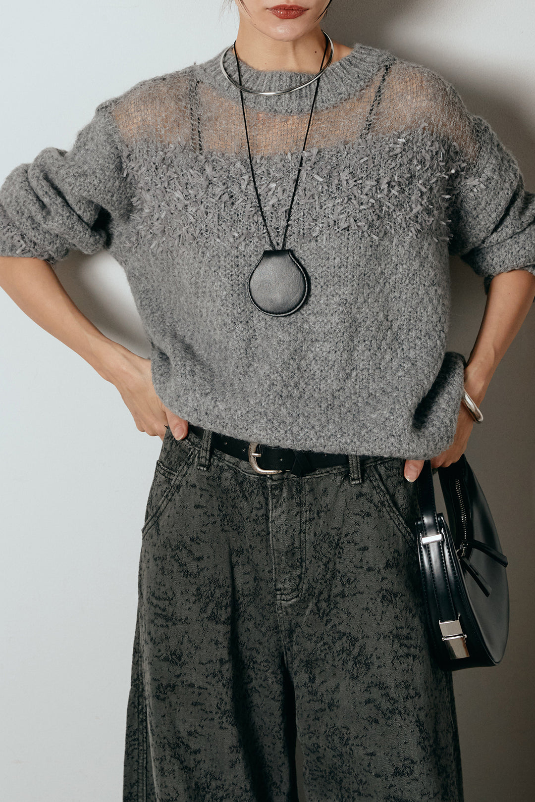 [SET]パターンランダム編みニットトップス+ベルト付きニュアンス柄カーブワイドパンツ(2set)