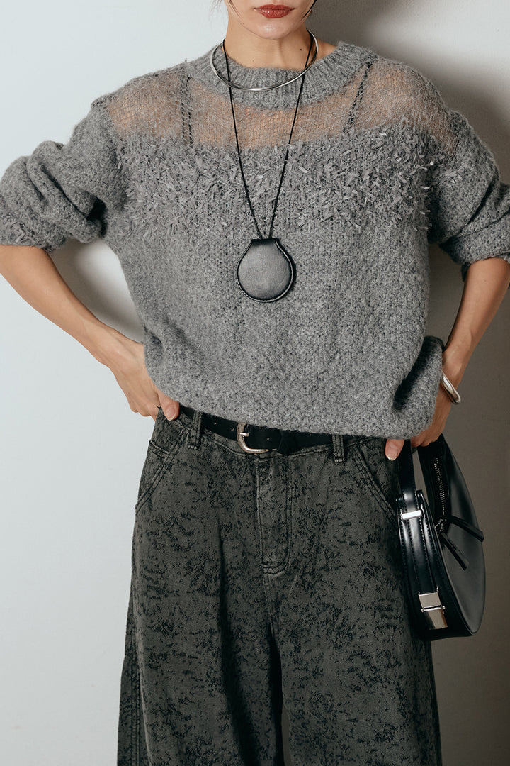 [SET]パターンランダム編みニットトップス+ベルト付きニュアンス柄カーブワイドパンツ(2set)