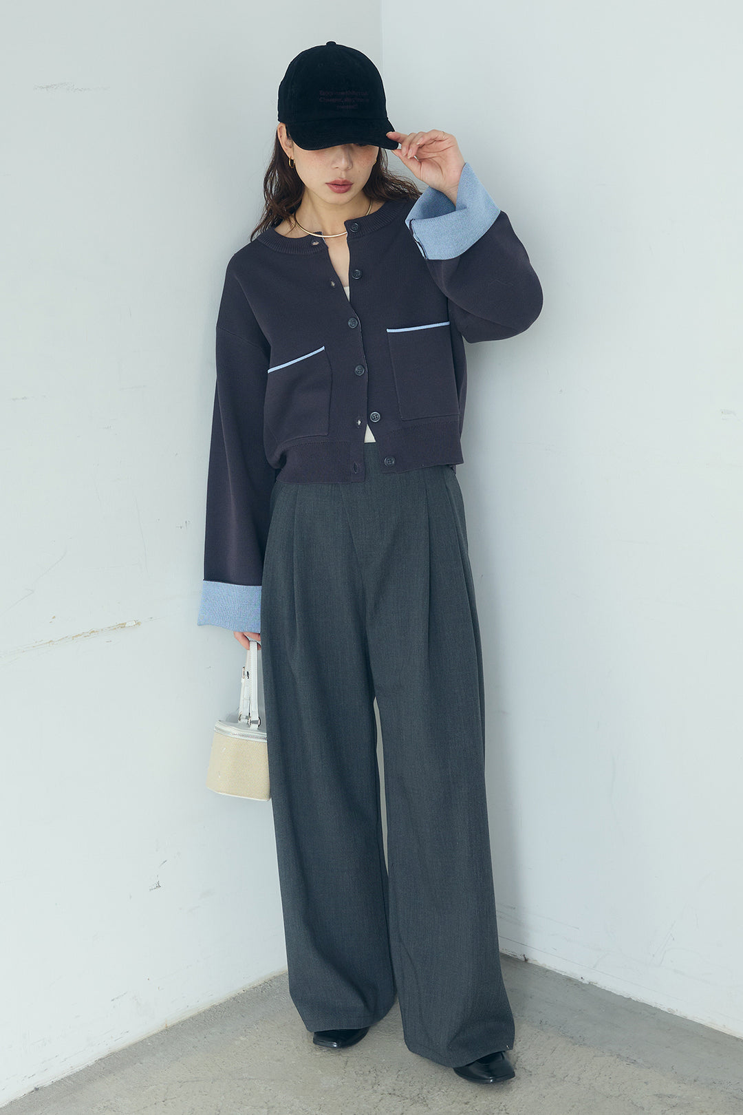 [SET]レーヨンポリダブルフェイスカーディガン+サイドベルトタック入りスラックス(2set)