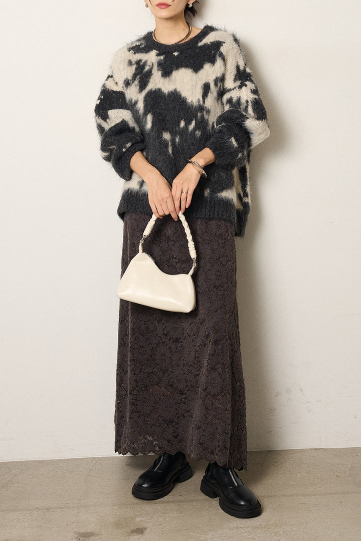 [SET]モヘアタッチマーブルニット+花柄刺繍ベロアフレアスカート(2set)