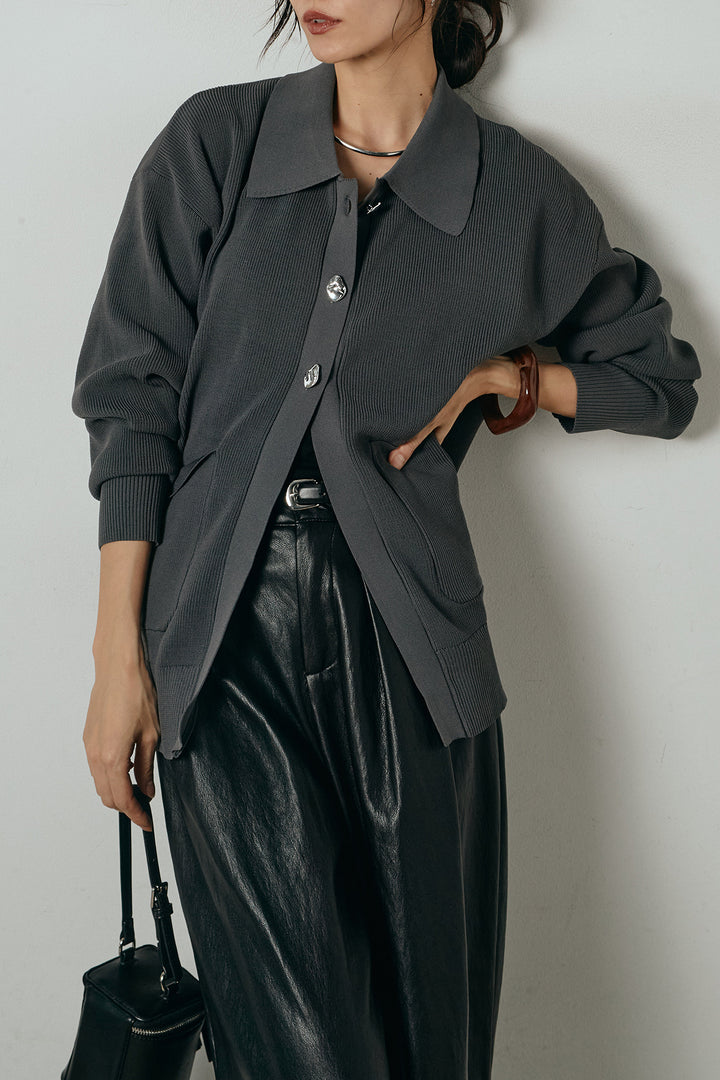 [SET]メタル釦衿付きニットカーディガン+ベルト付きレザーライクタックパンツ(2set)