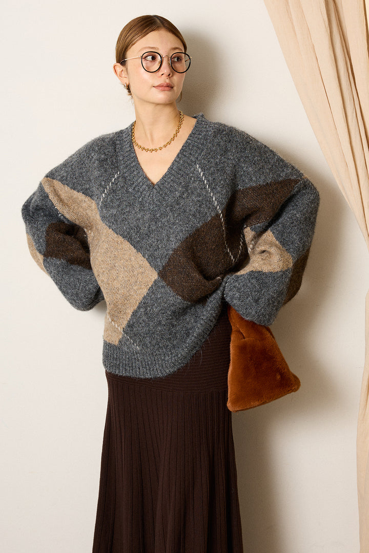 【着回しセット】[SET]ルーズアーガイルVネックニット+ルーズアーガイルVネックニット(2set)