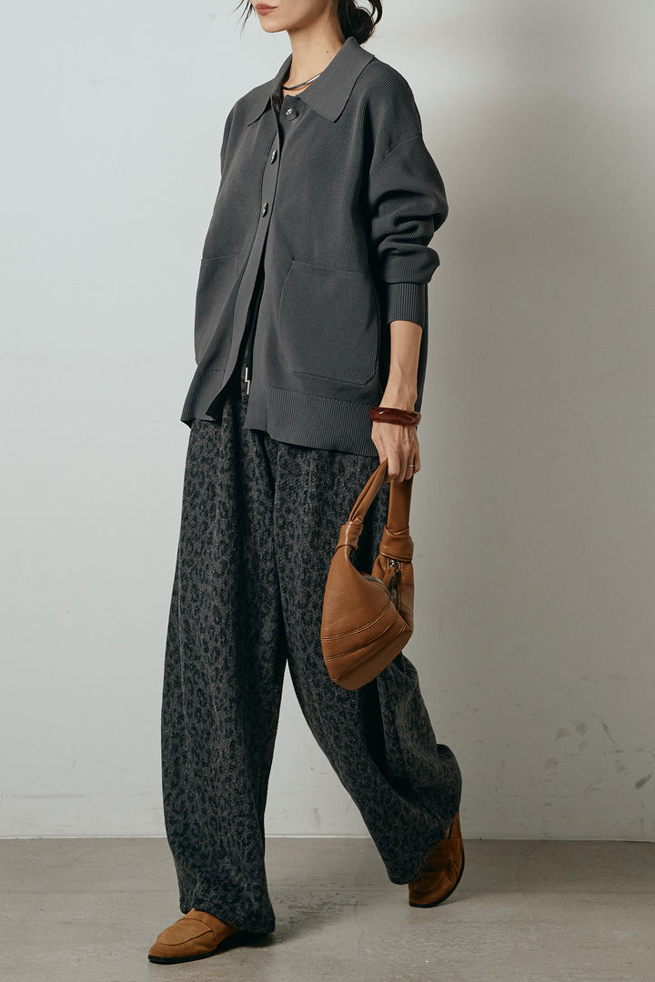 [SET]メタル釦衿付きニットカーディガン+リラックスレオパード柄ワイドパンツ(2set)