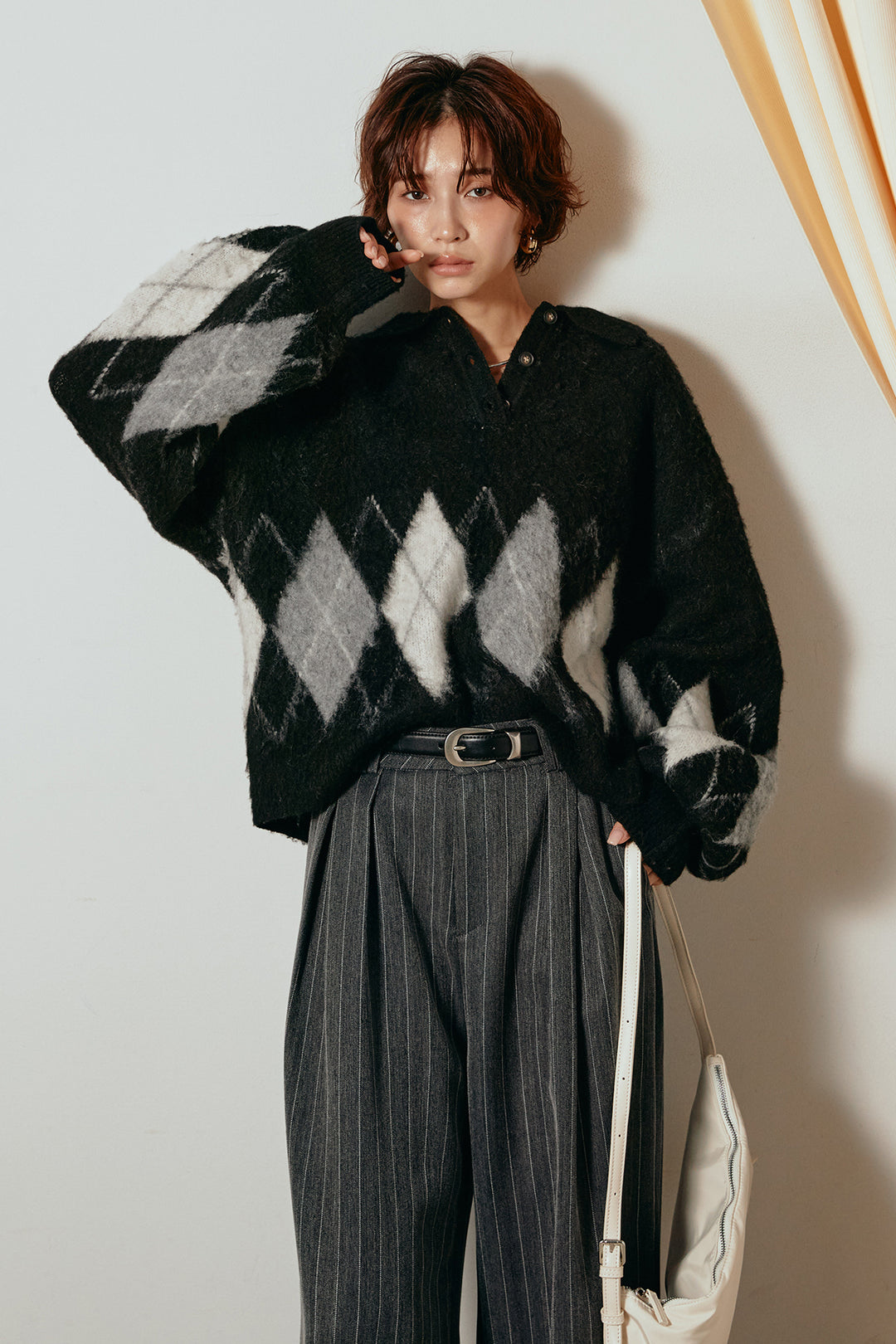 [SET]アーガイル柄ポロニットトップス+ストライプヘリンボーンパンツ(2set)