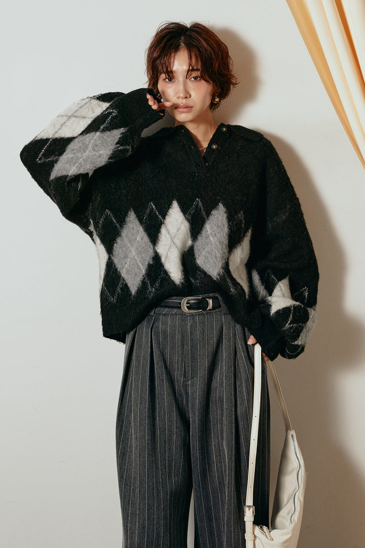 [SET]アーガイル柄ポロニットトップス+ストライプヘリンボーンパンツ(2set)