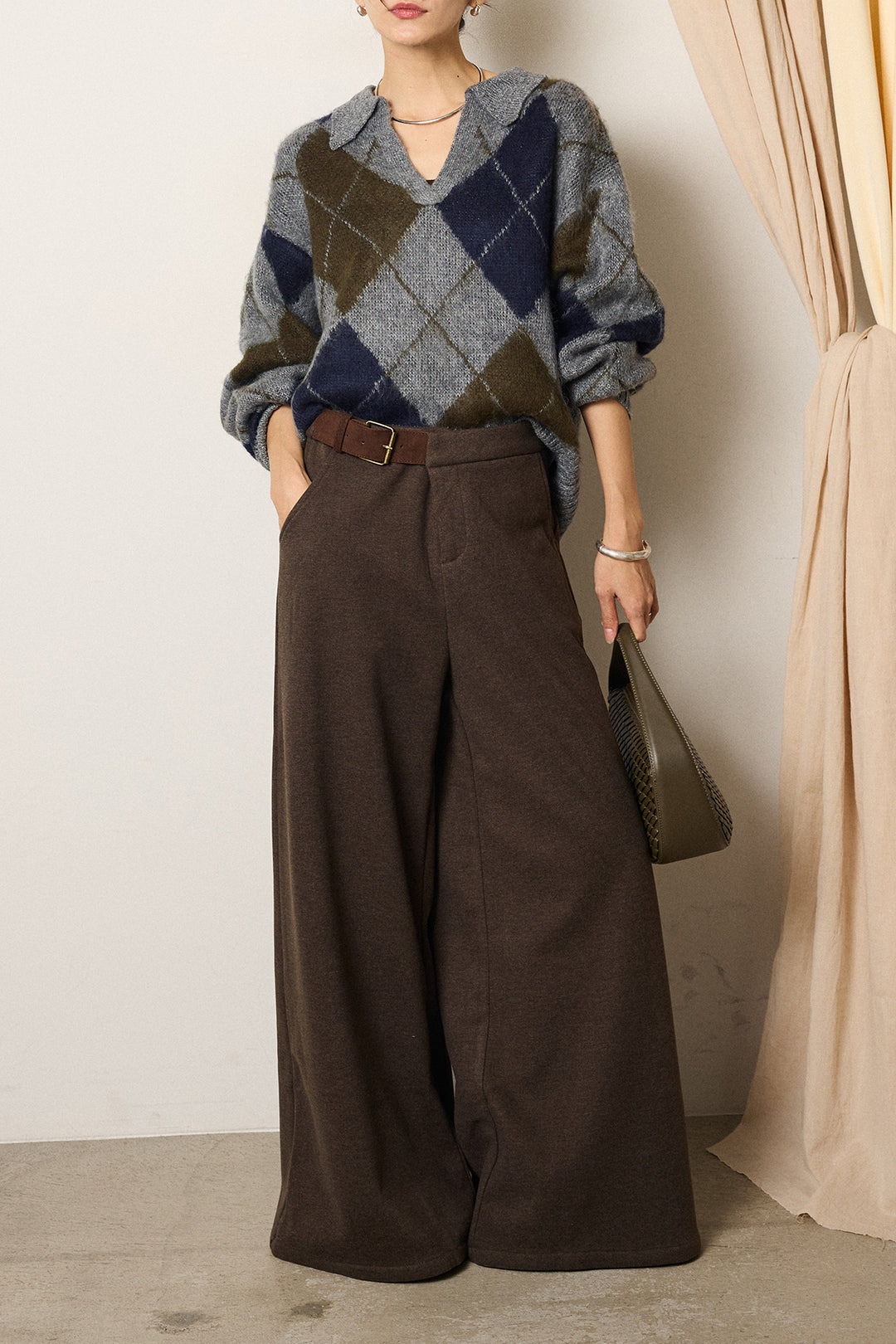 [SET]アクリルモヘアアーガイルキーネックプルオーバー+サイドベルトパンツ(2set)