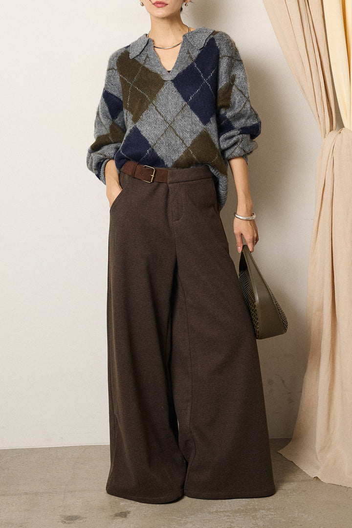 [SET]アクリルモヘアアーガイルキーネックプルオーバー+サイドベルトパンツ(2set)