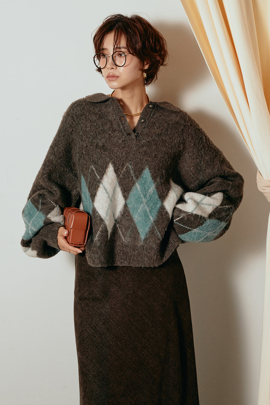 [SET]アーガイル柄ポロニットトップス+スウェードライクロングスカート(2set)