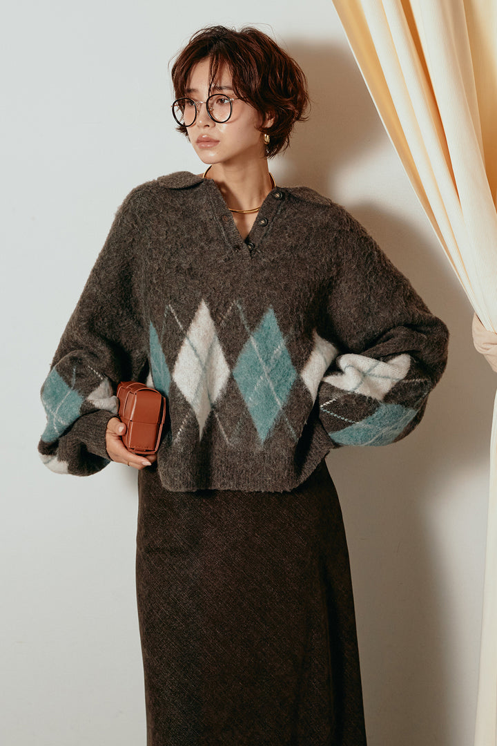 [SET]アーガイル柄ポロニットトップス+スウェードライクロングスカート(2set)