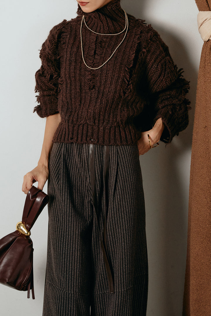 [SET]フリンジタートルショートニット+レザーライク配色ストライプパンツ(2set)