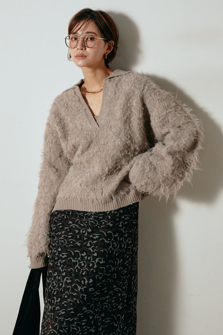 [SET]襟付きシャギーニットポロトップス+レオパードロングスカート(2set)