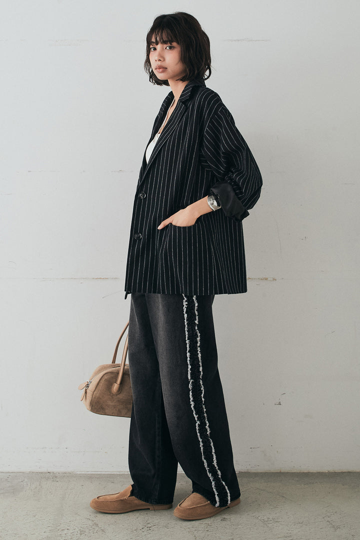 [SET]リネンライクストライプテーラードジャケット+デニムサイドフリルパンツ(2set)