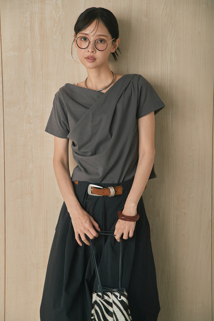 [SET]綿天竺半袖オフショルTシャツ+ニーサイドタックボリュームカーブパンツ(2set)