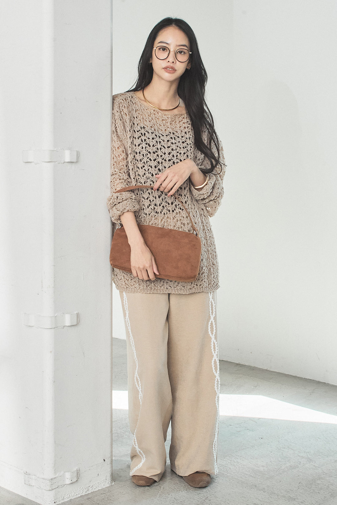 [SET]リラックスメッシュニットトップス+刺繡テープラインパンツ(2set)