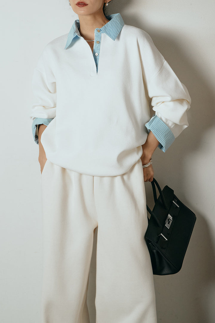 [SET]ストライプシャツドッキングポロトップス+裏起毛スウェットワイドパンツ(2set)