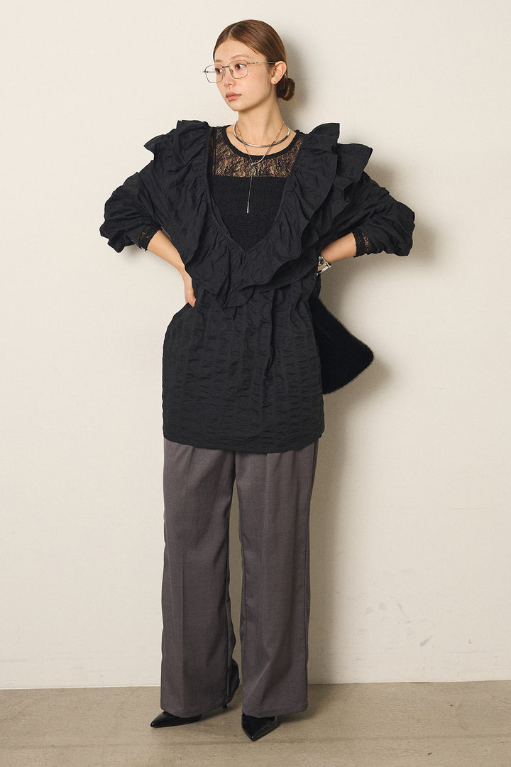 [SET]Vネックフリルカラーブラウス+ツイルスプリングカラータックパンツ(2set)